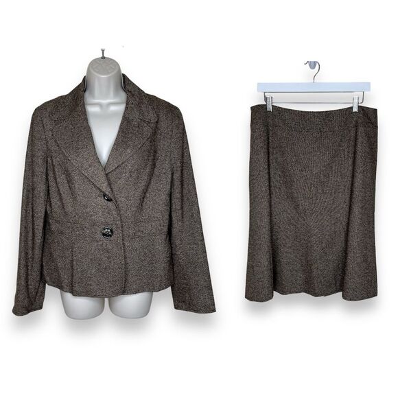 Vintage Talbots Wool Silk Tweed Flare Skirt Peplum Jacket Set Brown Womens 12 - Picture 1 of 16